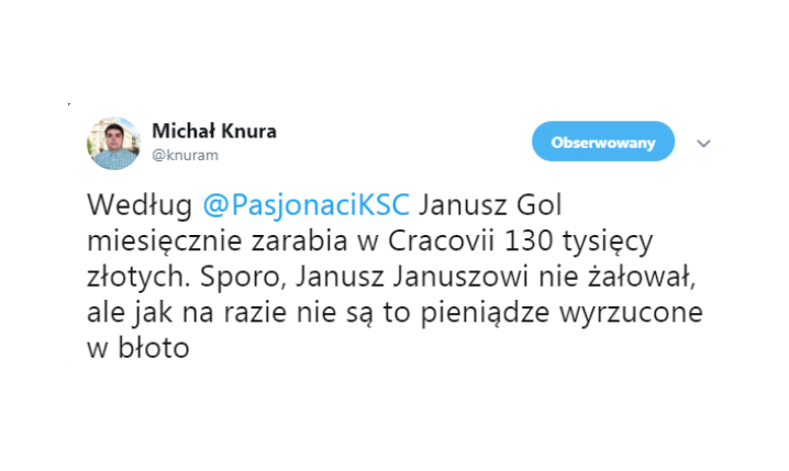 OGROMNE (jak na Ekstraklasę) zarobki Janusza Gola w Cracovii